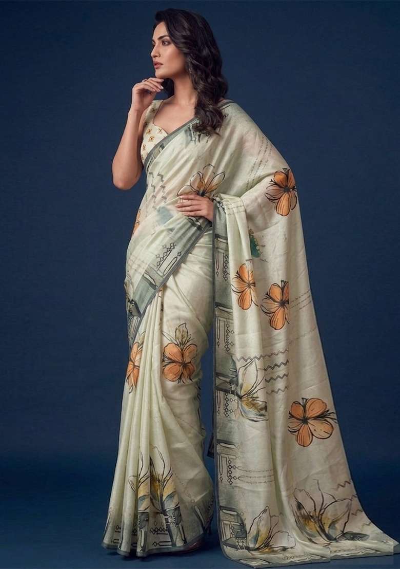 Beige Printed Silk Saree Set for Diwali and Festive Wear - Indya