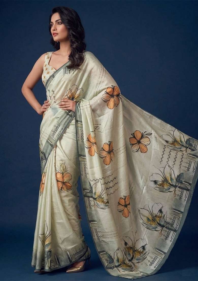 Beige Printed Silk Saree Set for Diwali and Festive Wear - Indya