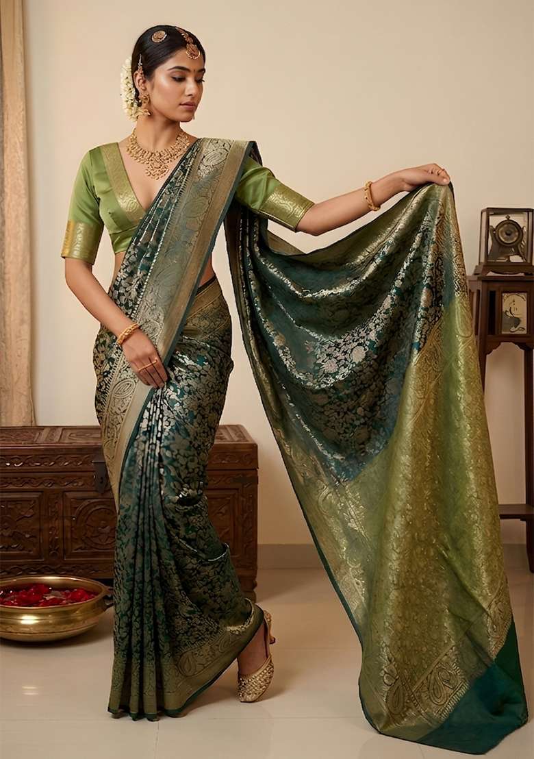 Green Silk Saree Set with Floral Print for Diwali | Wedding & Festive Wear - Indya