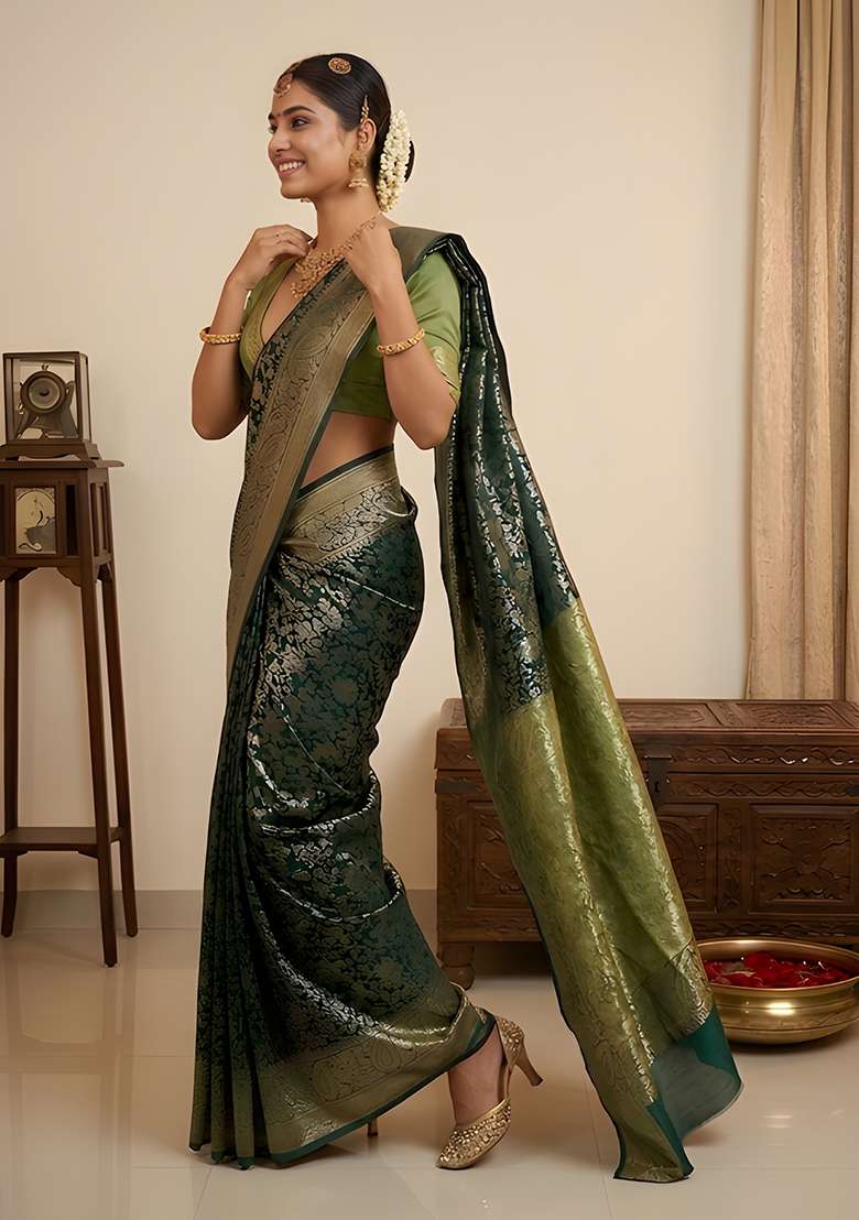 Green Silk Saree Set with Floral Print for Diwali | Wedding & Festive Wear - Indya