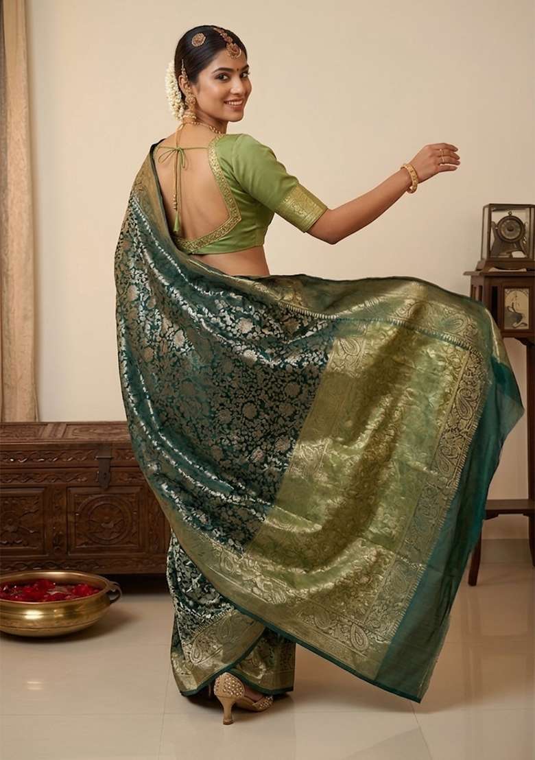 Green Silk Saree Set with Floral Print for Diwali | Wedding & Festive Wear - Indya