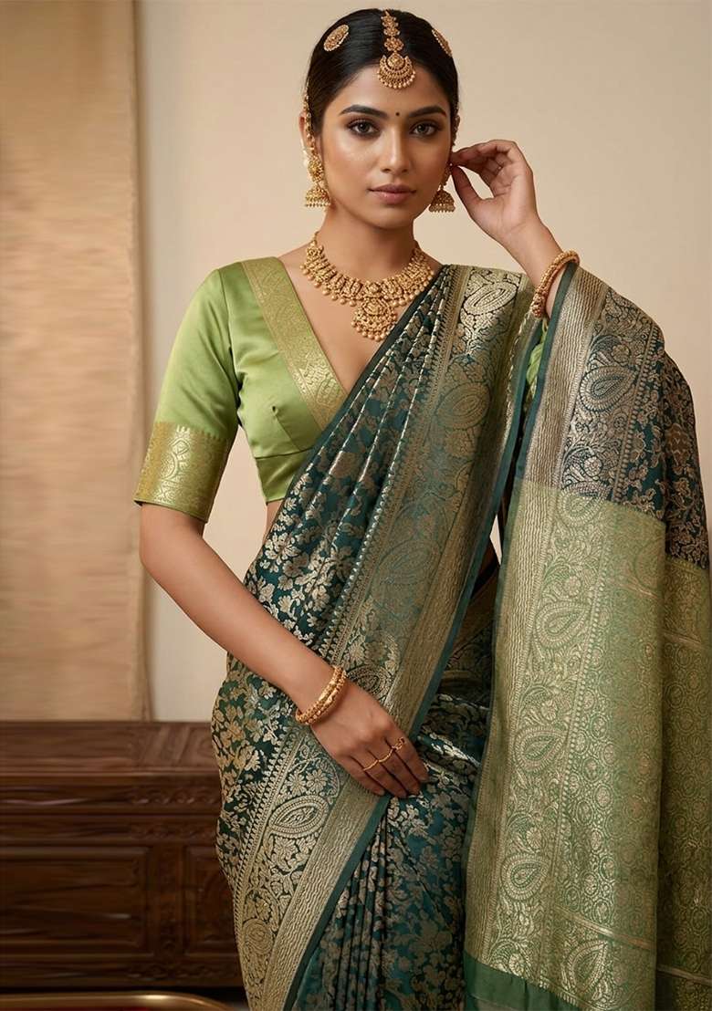 Green Silk Saree Set with Floral Print for Diwali | Wedding & Festive Wear - Indya