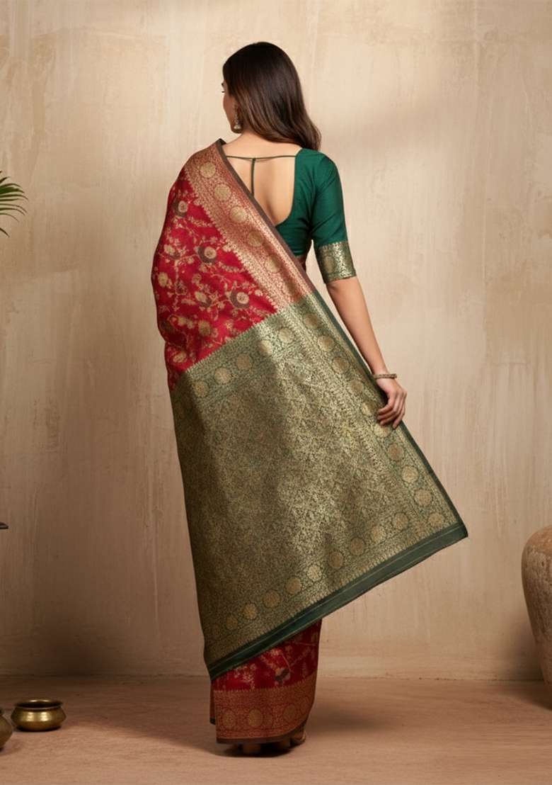 Red Silk Saree Set with Zari Work for Diwali | Wedding & Festive Wear - Indya