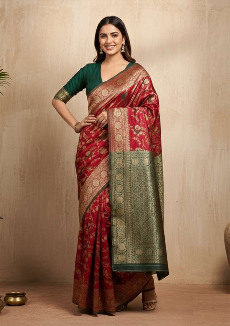 Red Silk Saree Set with Zari Work for Diwali | Wedding & Festive Wear - Indya
