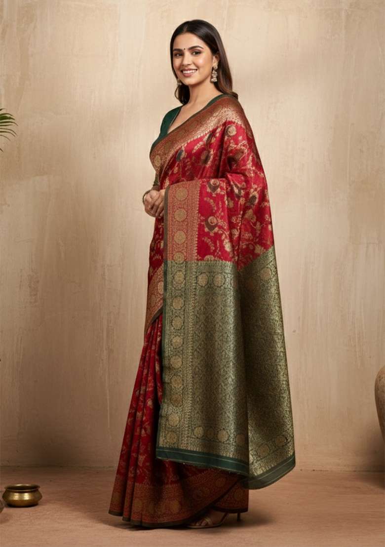 Red Silk Saree Set with Zari Work for Diwali | Wedding & Festive Wear - Indya