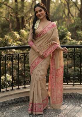 Cream Weaving Cotton Saree Set for Diwali and Festive Wear