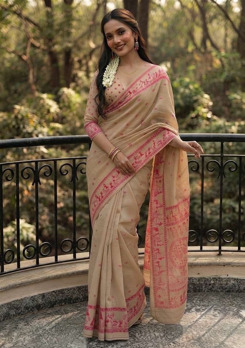 Cream Weaving Cotton Saree Set for Diwali and Festive Wear - Indya
