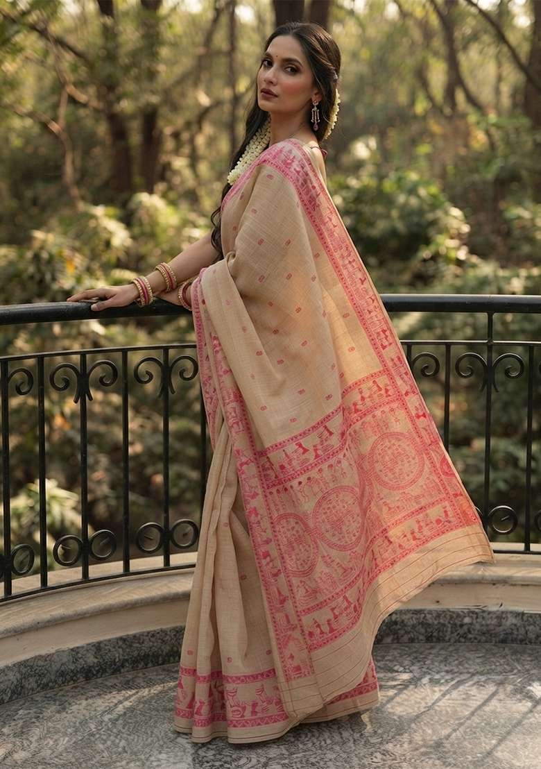 Cream Weaving Cotton Saree Set for Diwali and Festive Wear - Indya