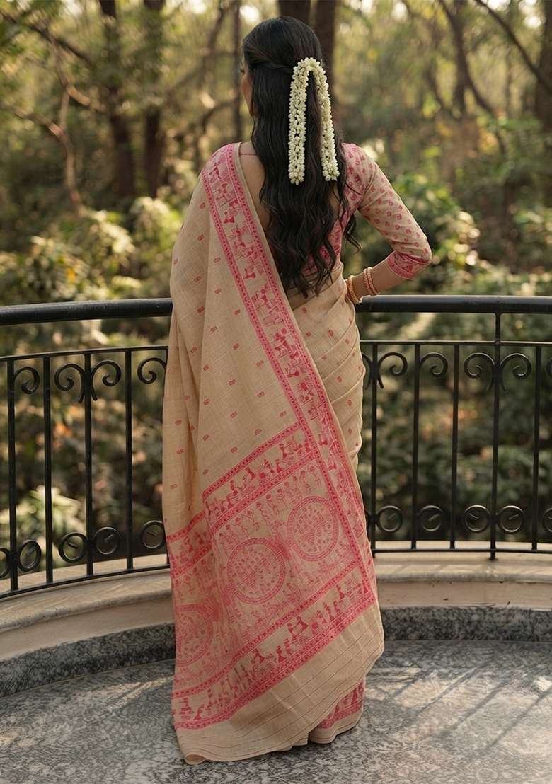 Cream Weaving Cotton Saree Set for Diwali and Festive Wear - Indya