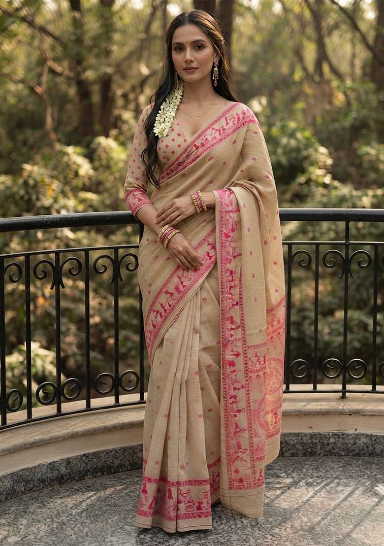 Cream Weaving Cotton Saree Set for Diwali and Festive Wear - Indya