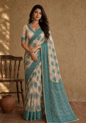 Cream Weaving Cotton Saree Set for Diwali and Festive Wear