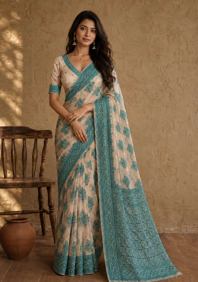 Cream Weaving Cotton Saree Set for Diwali and Festive Wear - Indya