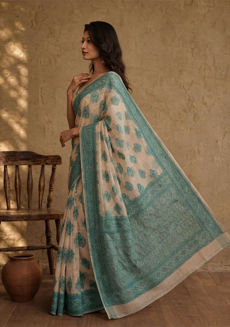 Cream Weaving Cotton Saree Set for Diwali and Festive Wear - Indya