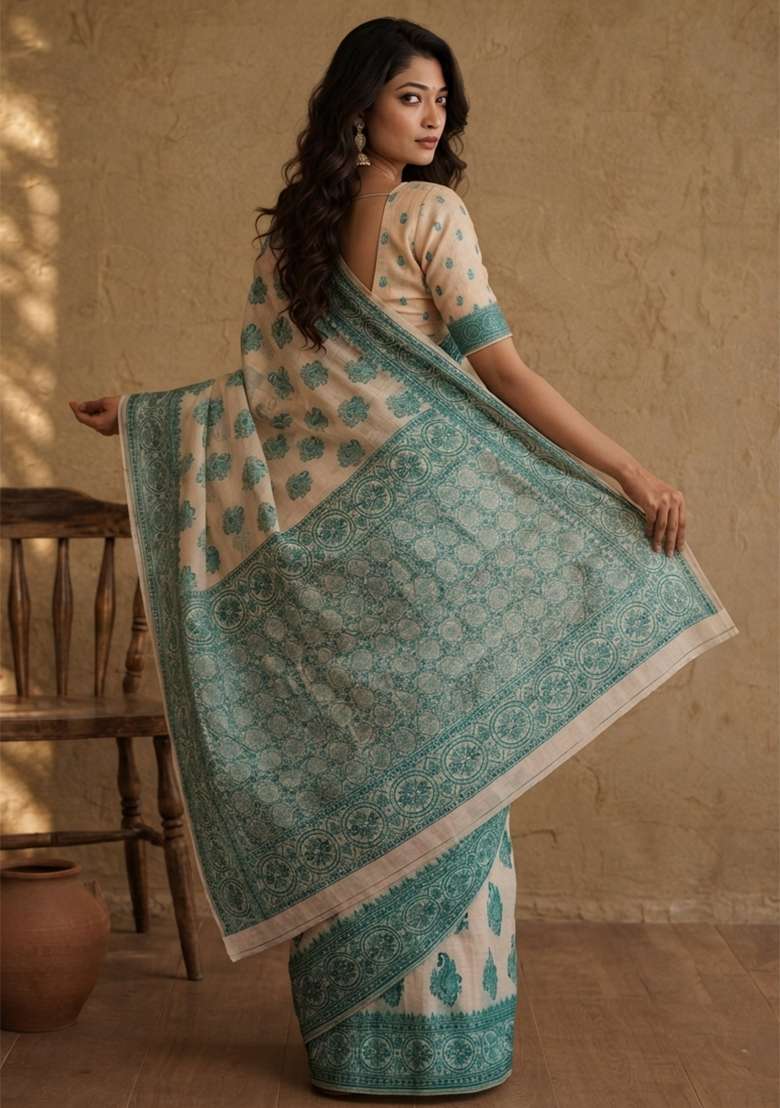 Cream Weaving Cotton Saree Set for Diwali and Festive Wear - Indya