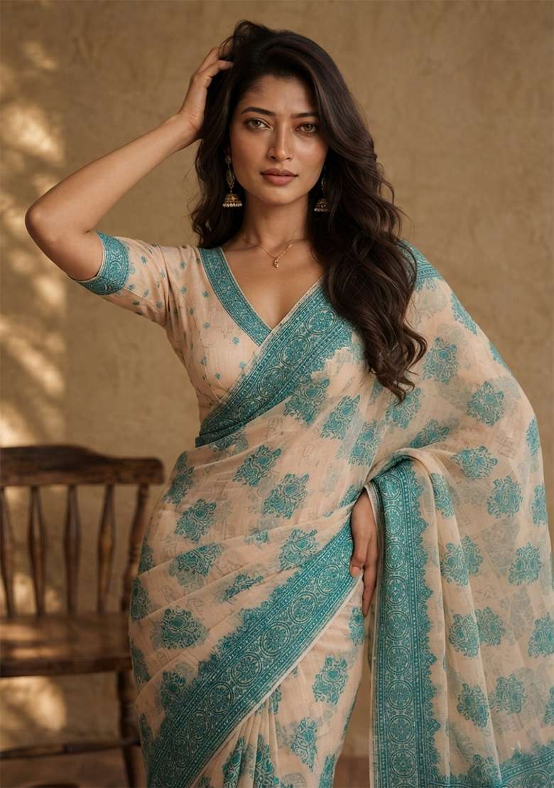 Cream Weaving Cotton Saree Set for Diwali and Festive Wear - Indya