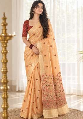 Orange Floral Print Cotton Saree Set for Diwali and Festive Wear