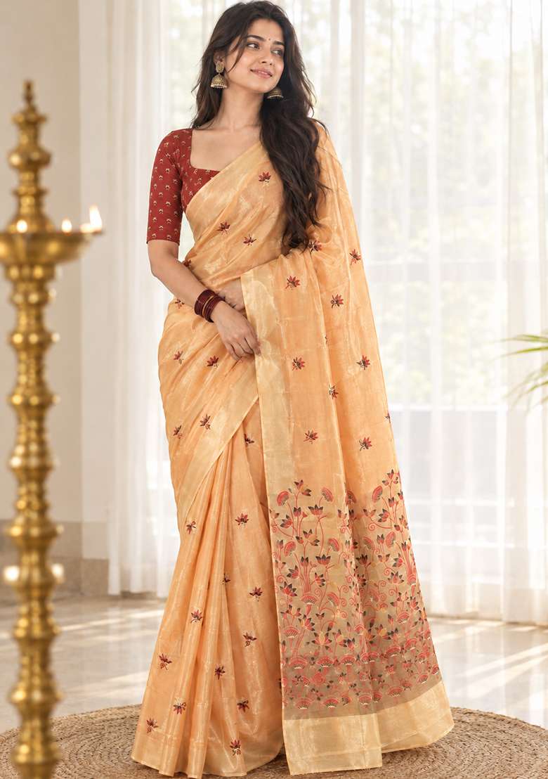 Orange Floral Print Cotton Saree Set for Diwali and Festive Wear - Indya