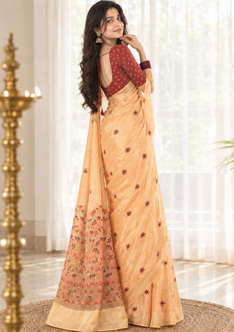 Orange Floral Print Cotton Saree Set for Diwali and Festive Wear - Indya