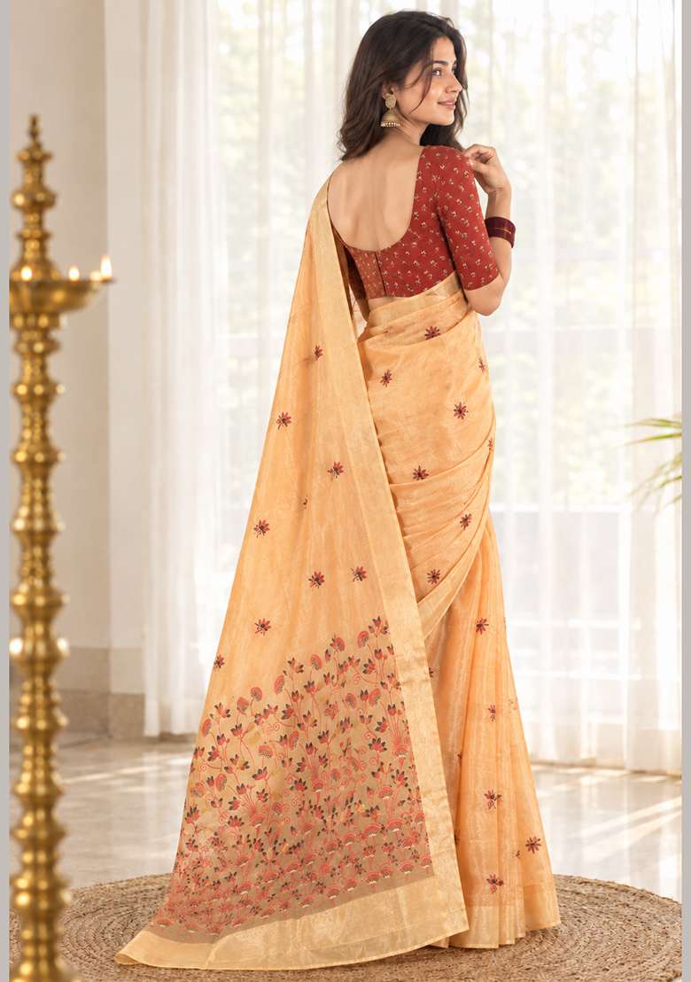 Orange Floral Print Cotton Saree Set for Diwali and Festive Wear - Indya