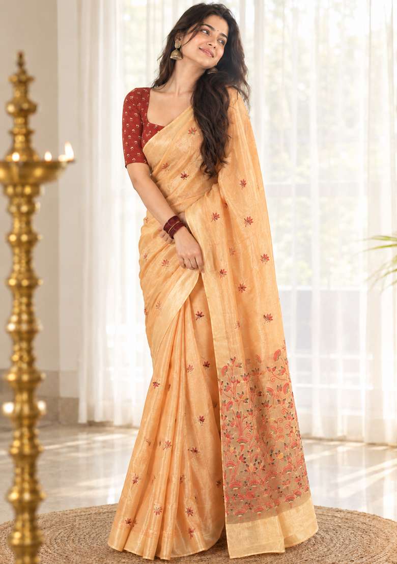 Orange Floral Print Cotton Saree Set for Diwali and Festive Wear - Indya