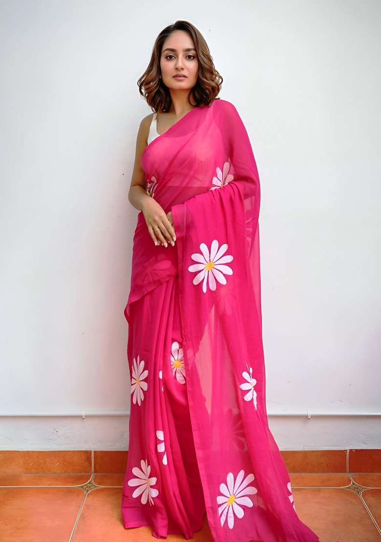 Pink Floral Print Cotton Saree Set for Diwali and Festive Wear - Indya