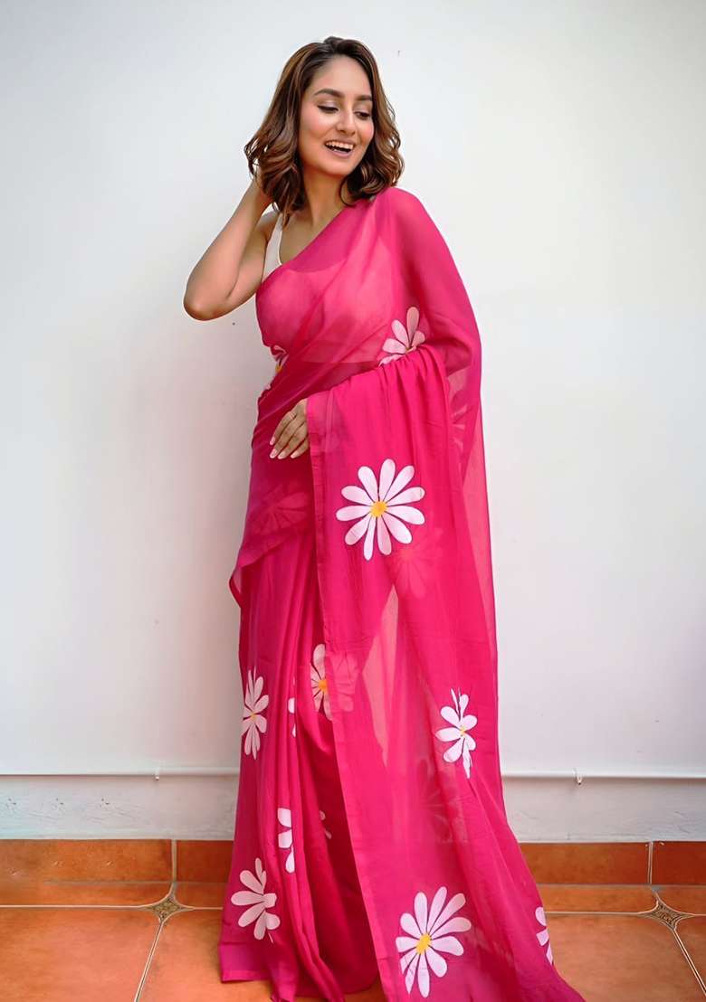Pink Floral Print Cotton Saree Set for Diwali and Festive Wear - Indya