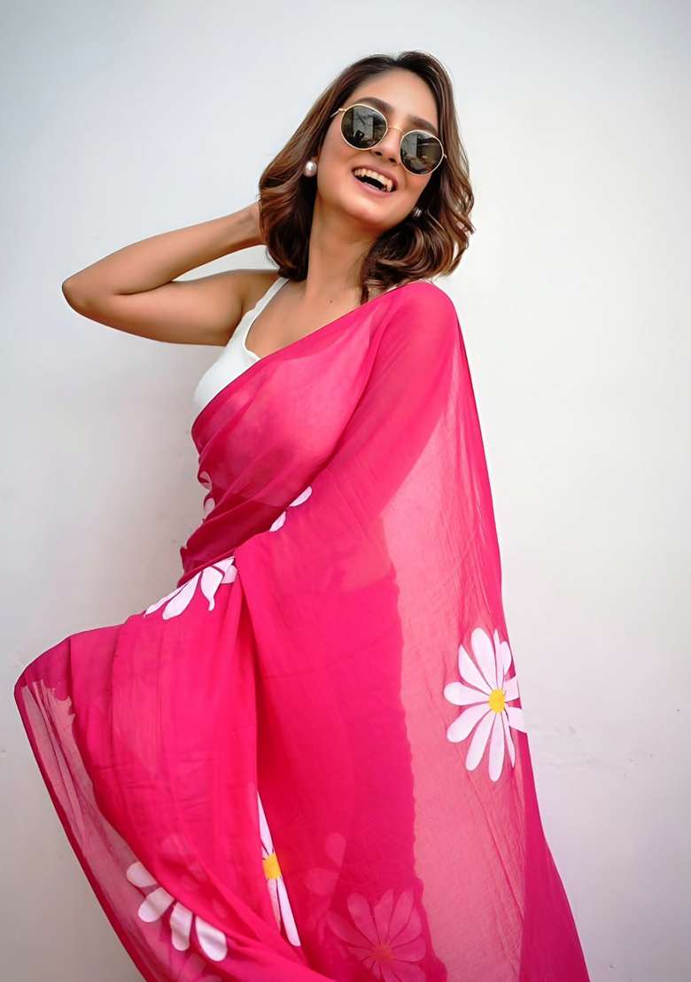Pink Floral Print Cotton Saree Set for Diwali and Festive Wear - Indya