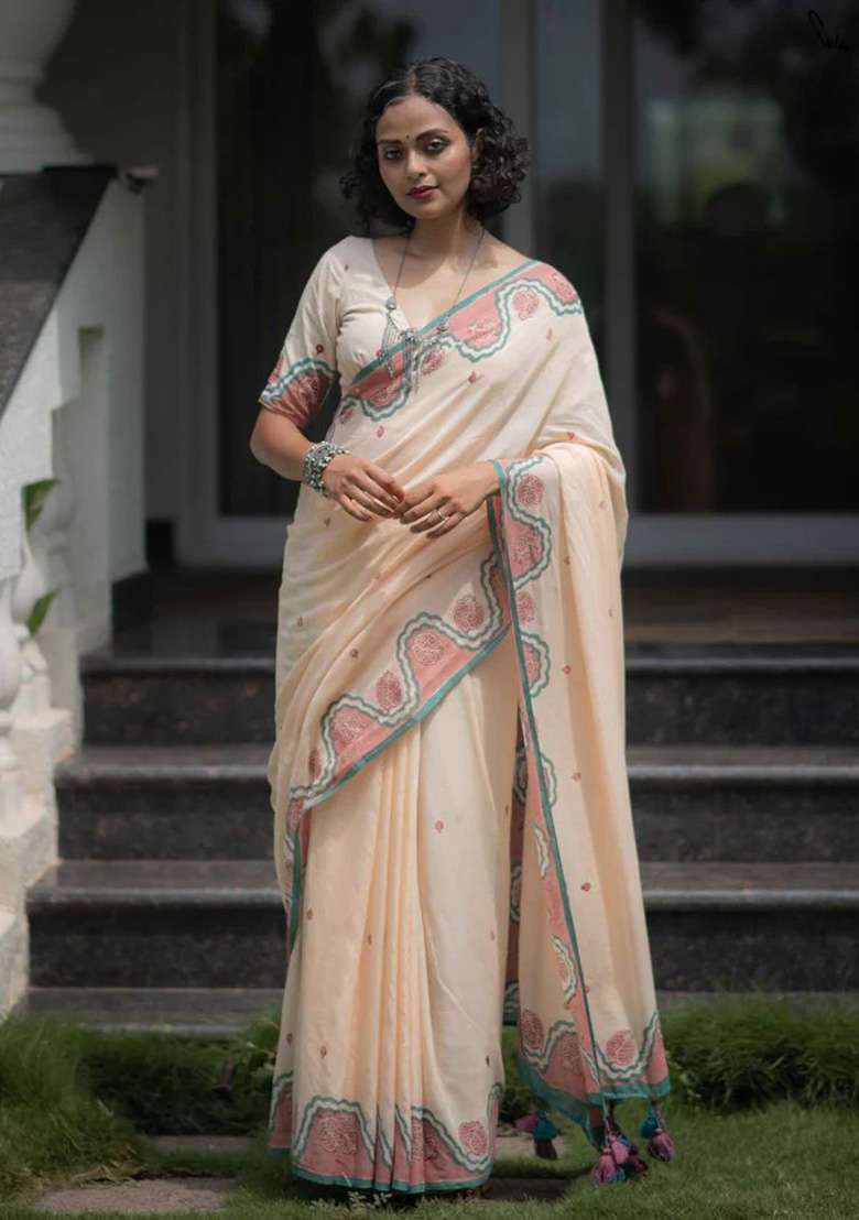 Beige Matching Zalar Work Cotton Saree Set for Diwali and Festive Wear - Indya