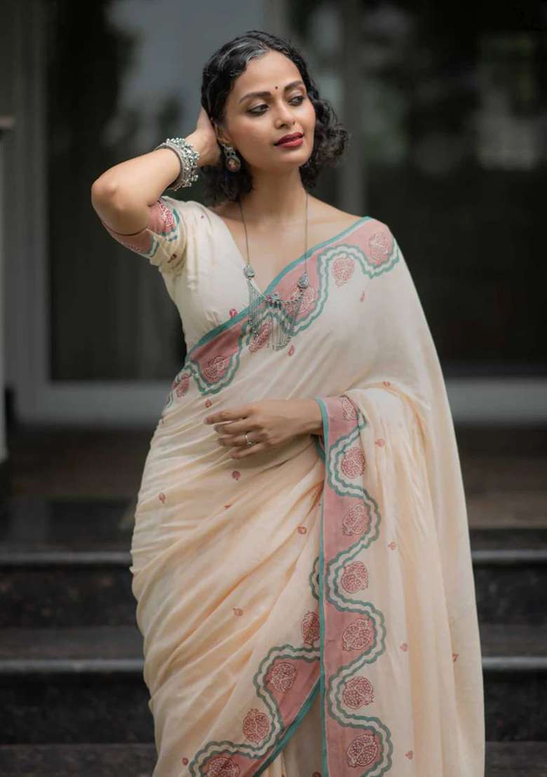 Beige Matching Zalar Work Cotton Saree Set for Diwali and Festive Wear - Indya