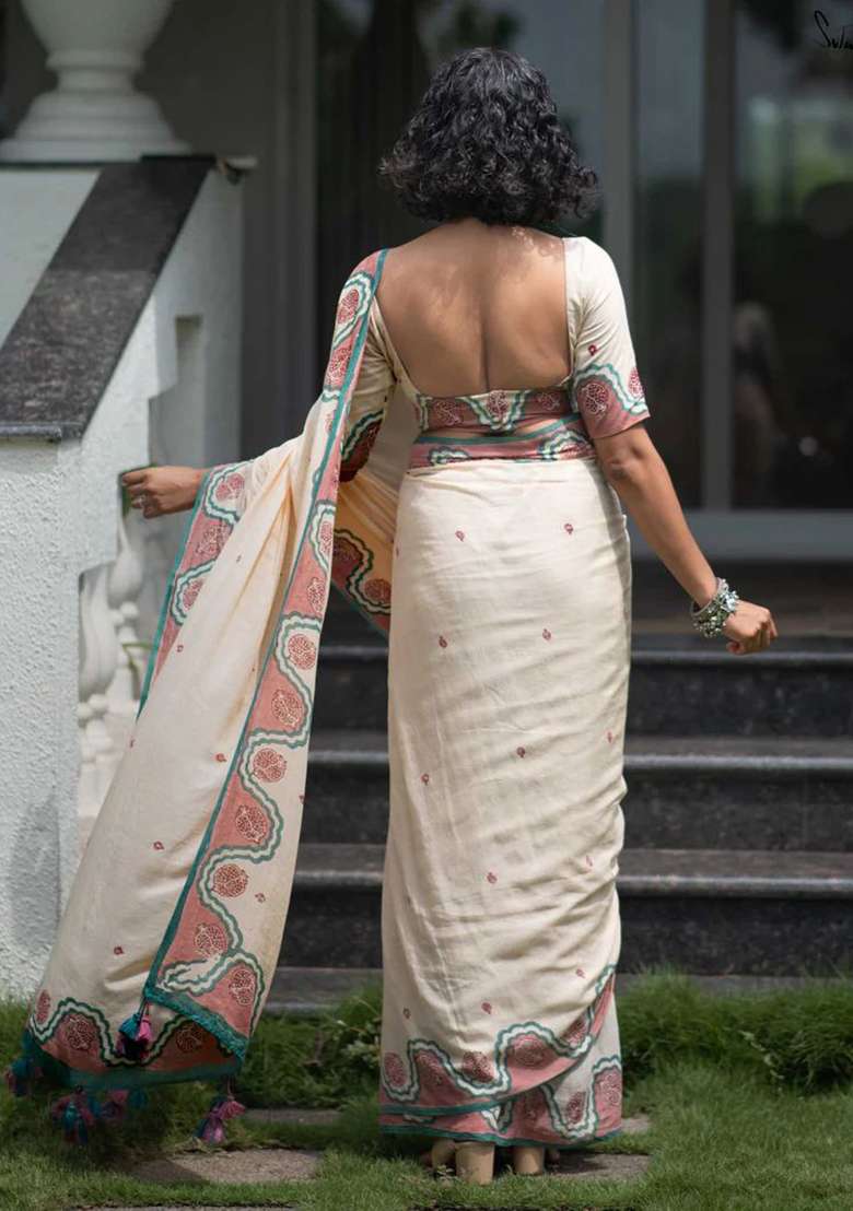 Beige Matching Zalar Work Cotton Saree Set for Diwali and Festive Wear - Indya