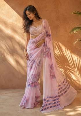 Pink Floral Print Cotton Saree Set for Diwali and Festive Wear