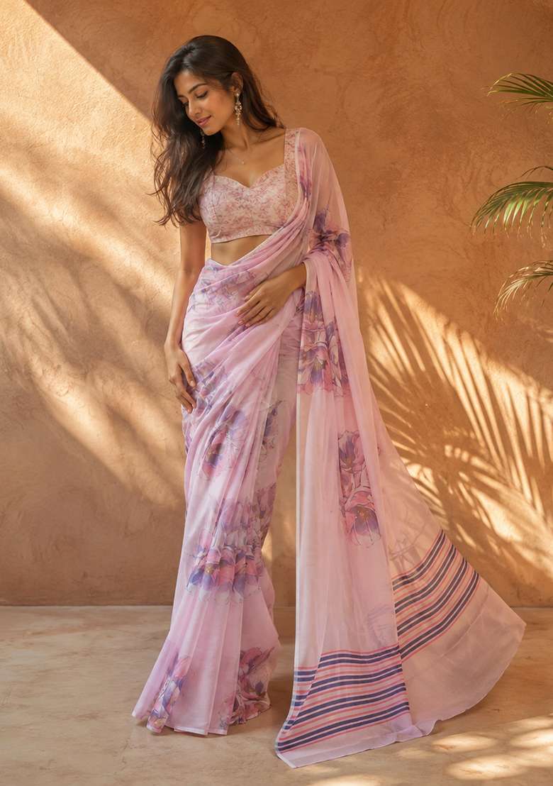 Pink Floral Print Cotton Saree Set for Diwali and Festive Wear - Indya