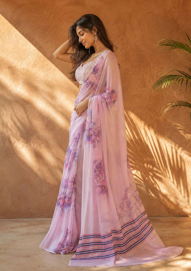 Pink Floral Print Cotton Saree Set for Diwali and Festive Wear - Indya