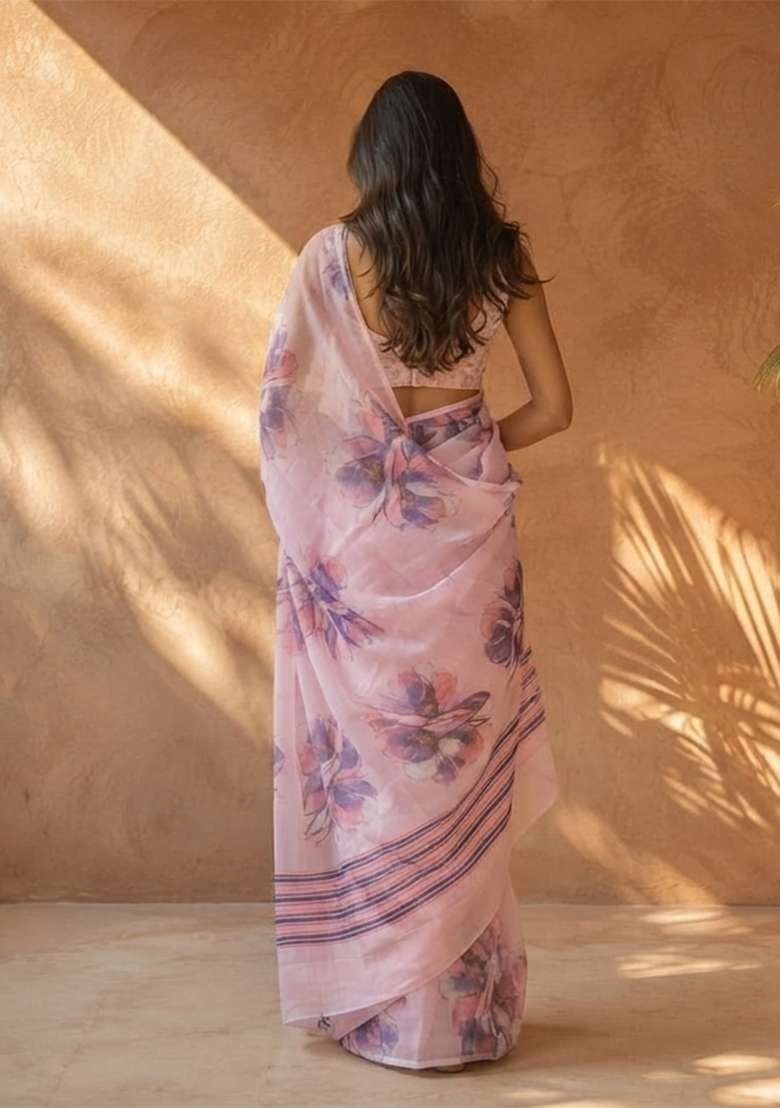 Pink Floral Print Cotton Saree Set for Diwali and Festive Wear - Indya