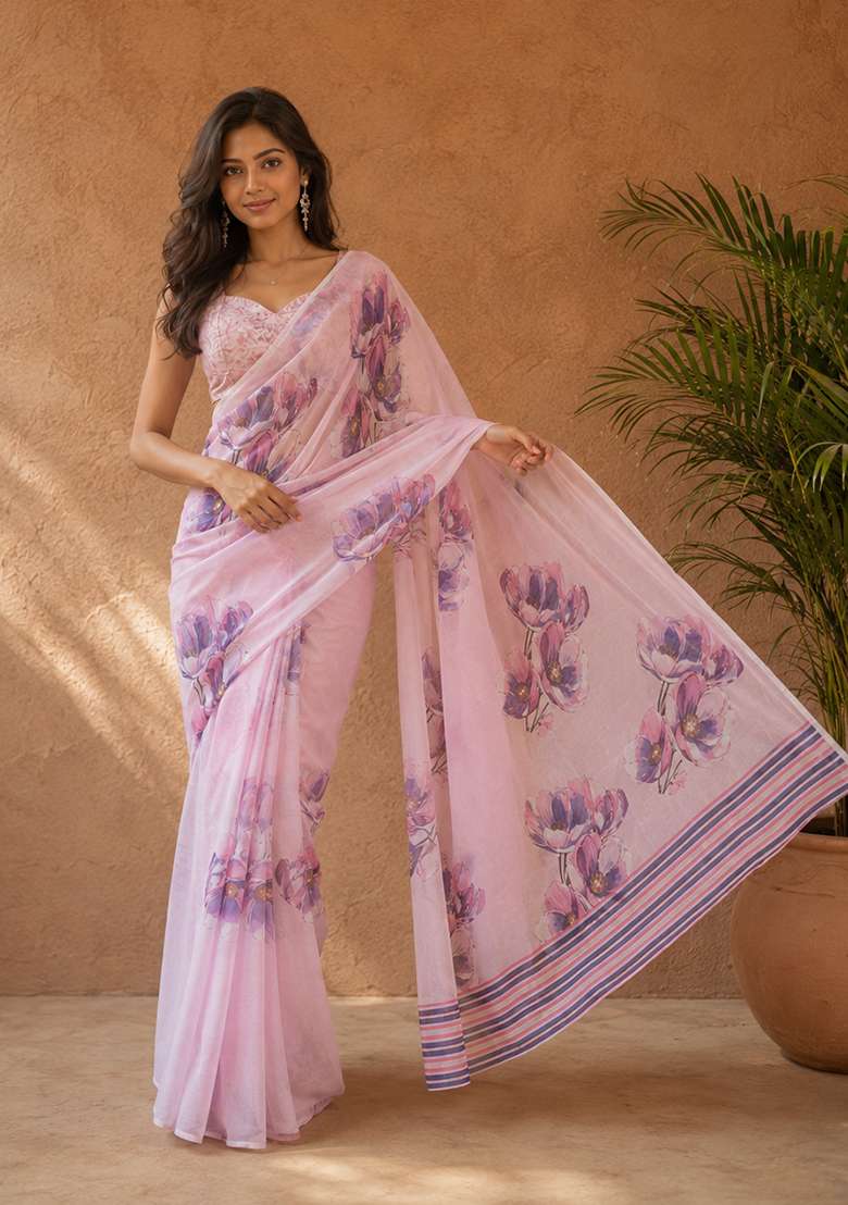 Pink Floral Print Cotton Saree Set for Diwali and Festive Wear - Indya