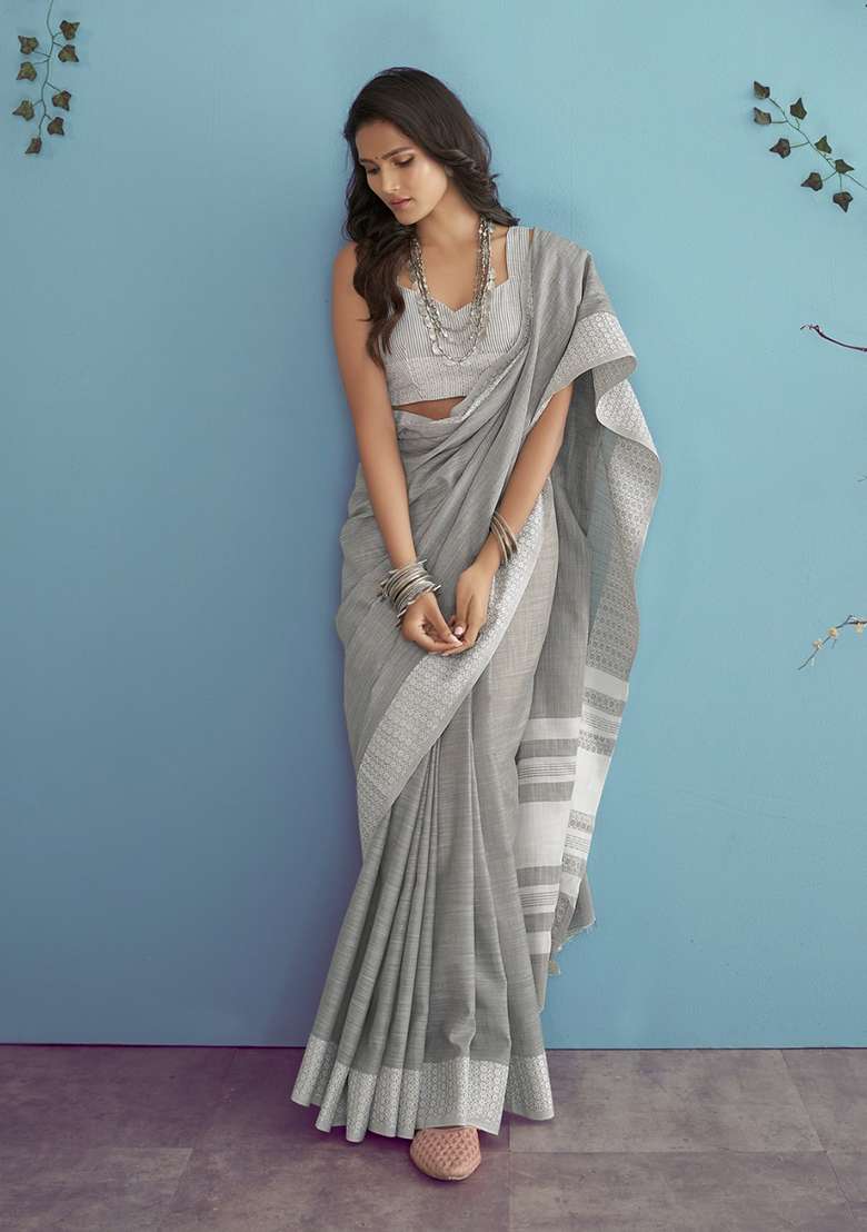 Grey Woven Linen Saree Set for Diwali and Festive Wear - Indya