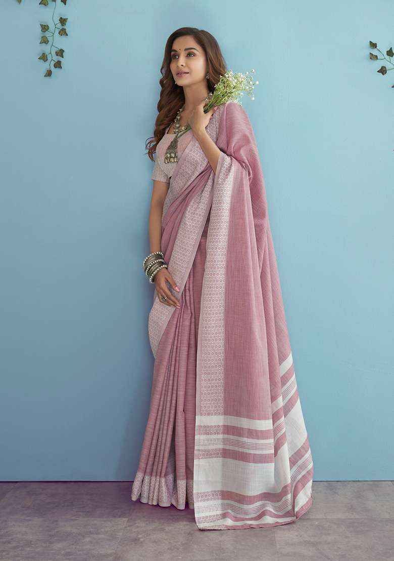 Lavender Woven Linen Saree Set for Diwali and Festive Wear - Indya