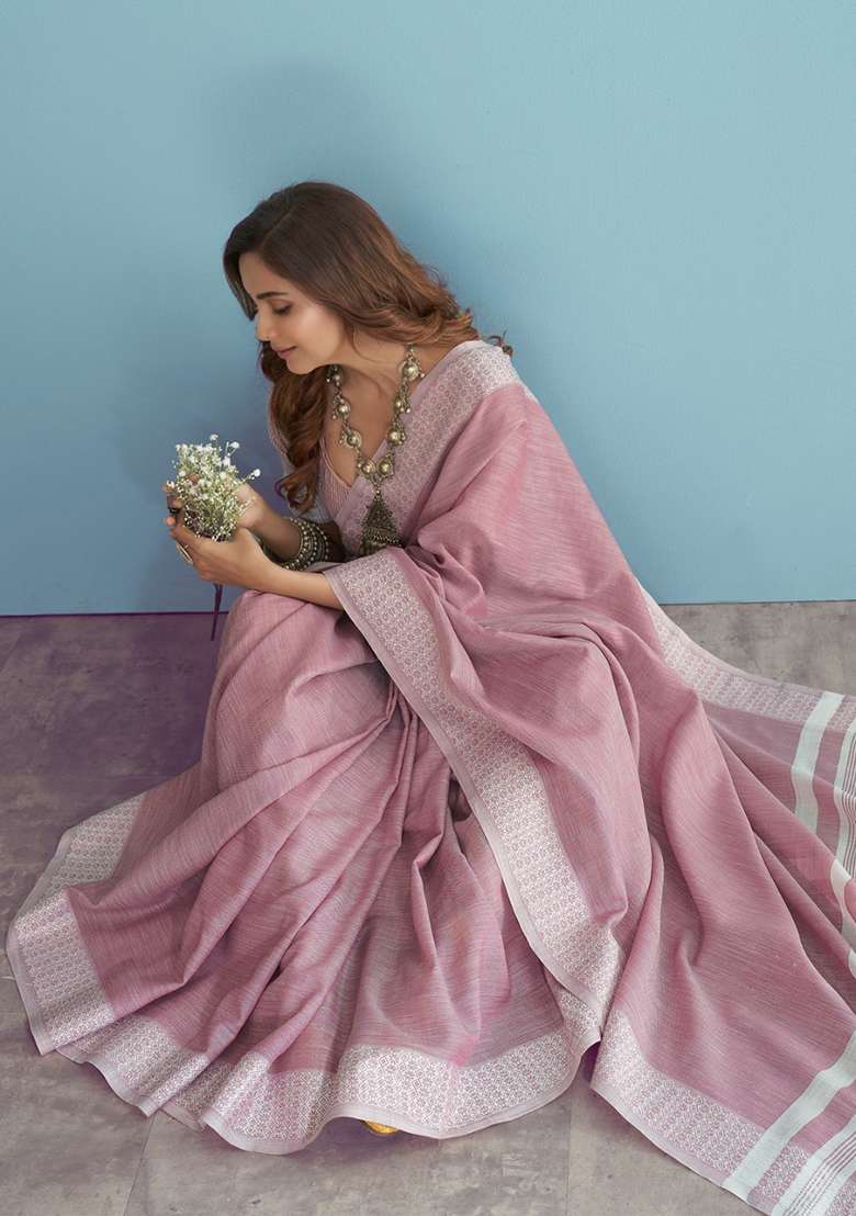 Lavender Woven Linen Saree Set for Diwali and Festive Wear - Indya