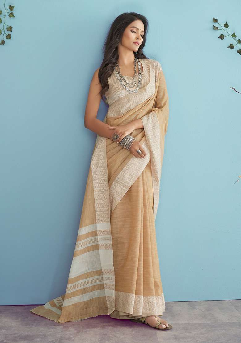Peach Woven Linen Saree Set for Diwali | Wedding & Festive Wear - Indya