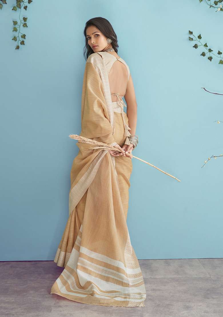 Peach Woven Linen Saree Set for Diwali | Wedding & Festive Wear - Indya