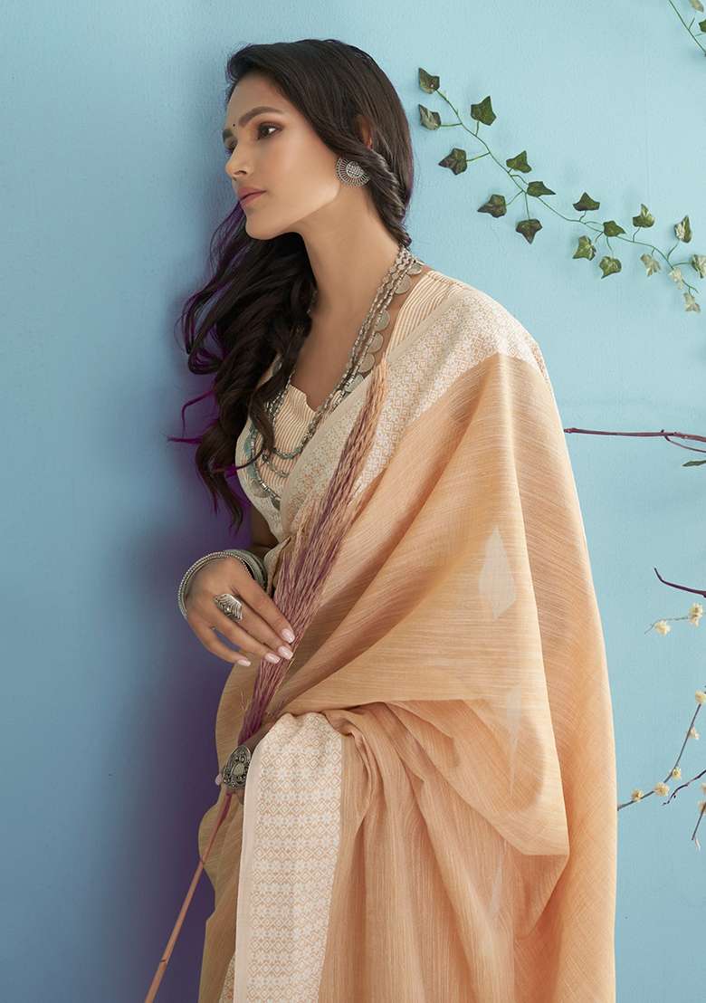 Peach Woven Linen Saree Set for Diwali | Wedding & Festive Wear - Indya