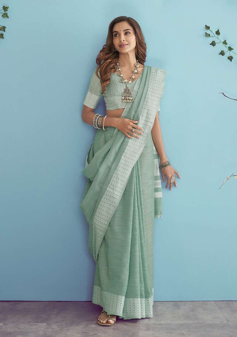 Blue Woven Linen Saree Set for Diwali | Wedding & Festive Wear - Indya