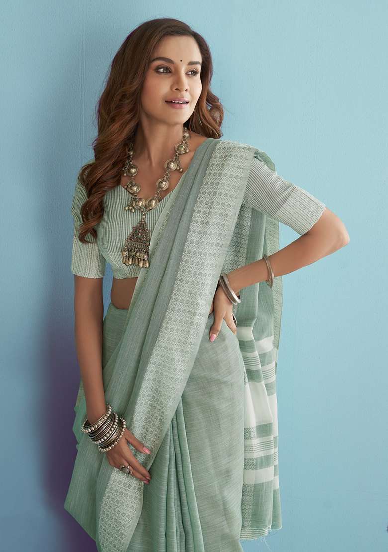Blue Woven Linen Saree Set for Diwali | Wedding & Festive Wear - Indya