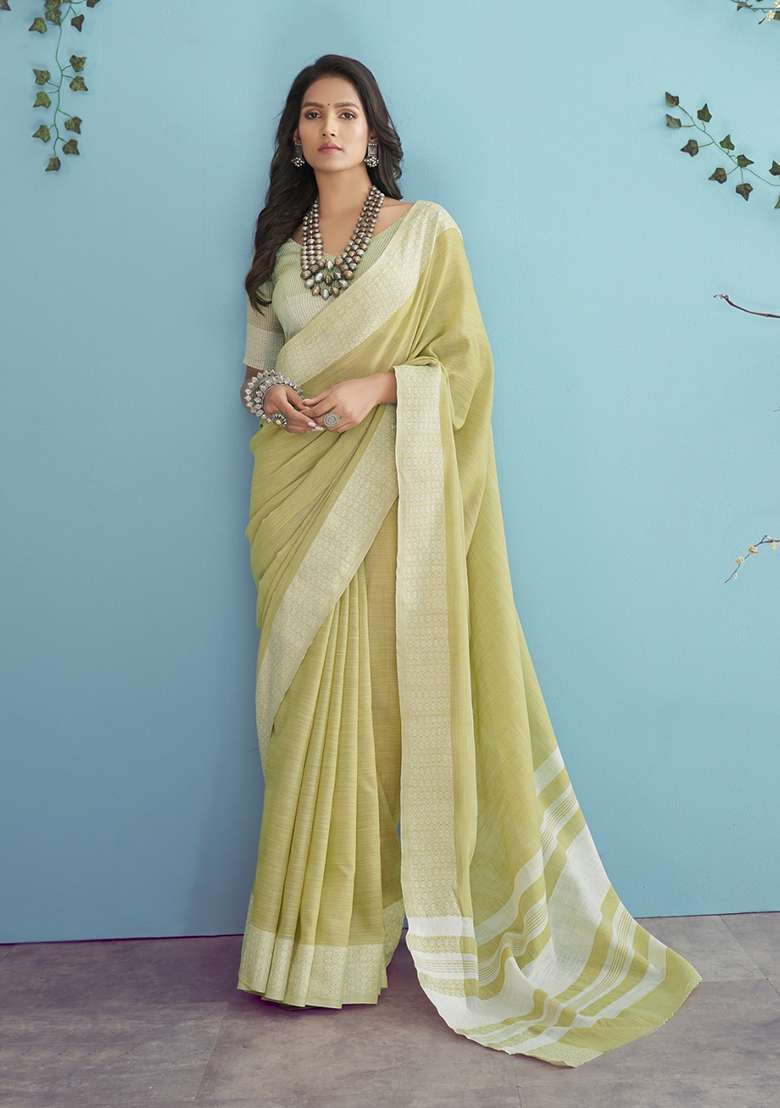 Lemon Woven Linen Saree Set for Diwali and Festive Wear - Indya