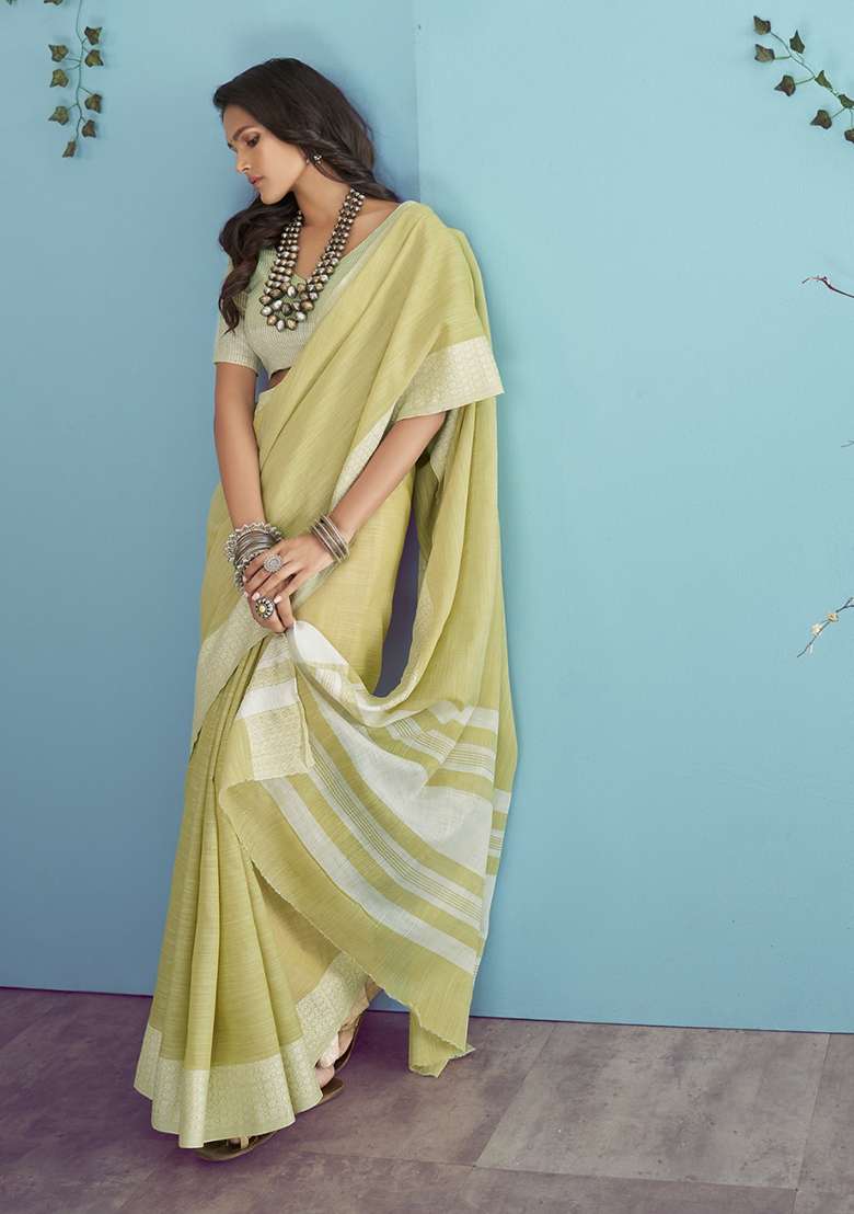 Lemon Woven Linen Saree Set for Diwali and Festive Wear - Indya