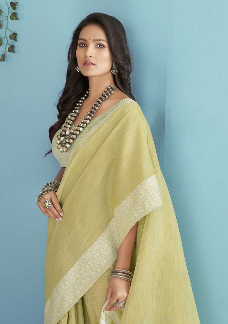 Lemon Woven Linen Saree Set for Diwali and Festive Wear - Indya