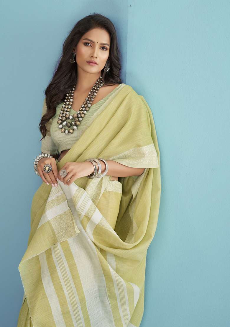Lemon Woven Linen Saree Set for Diwali and Festive Wear - Indya