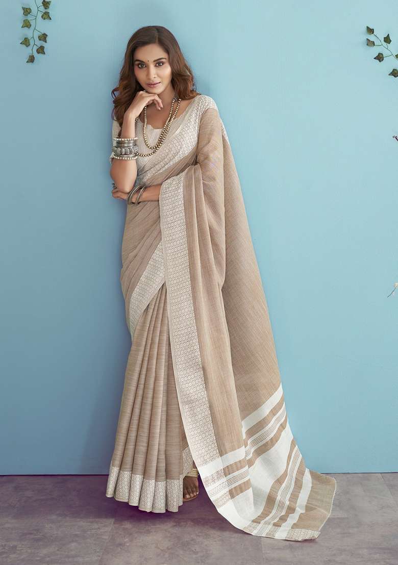 Beige Woven Linen Saree Set for Diwali and Festive Wear - Indya