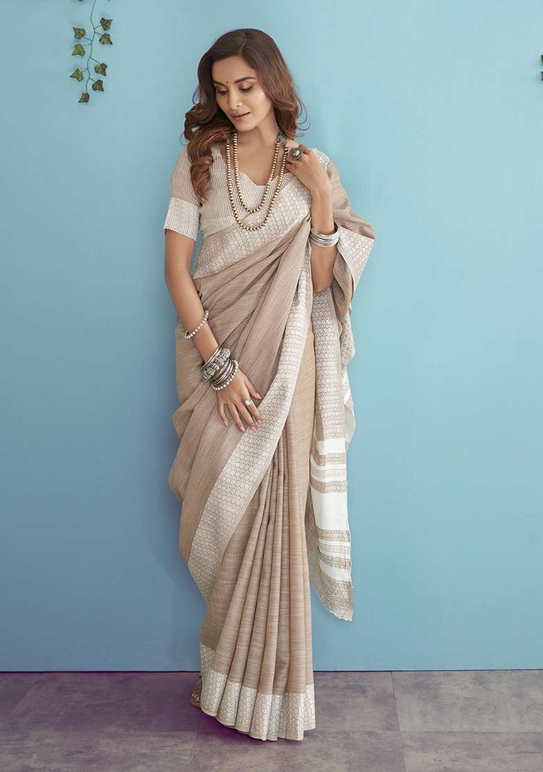 Beige Woven Linen Saree Set for Diwali and Festive Wear - Indya