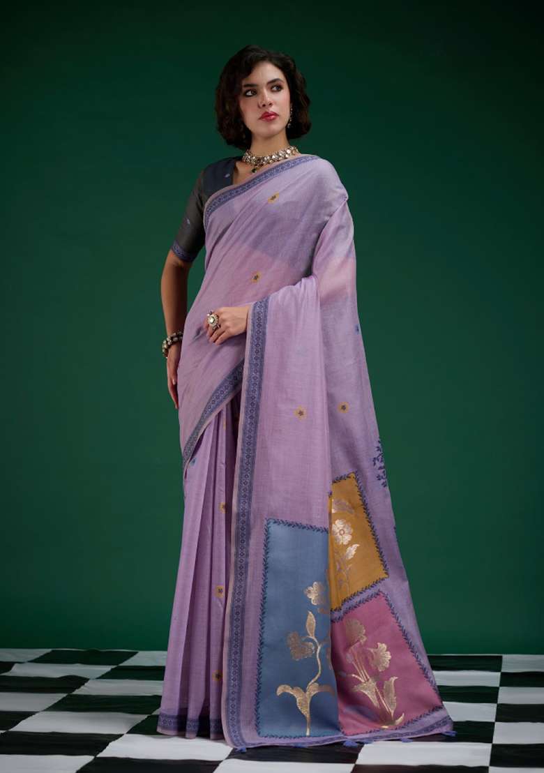 Purple Cotton Saree Set with Printed for Diwali | Wedding & Festive Wear - Indya